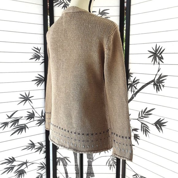 J. Jill 100% Silk Tan and Blue V Neck Knit Cardigan Sweater Size S - Picture 4 of 14